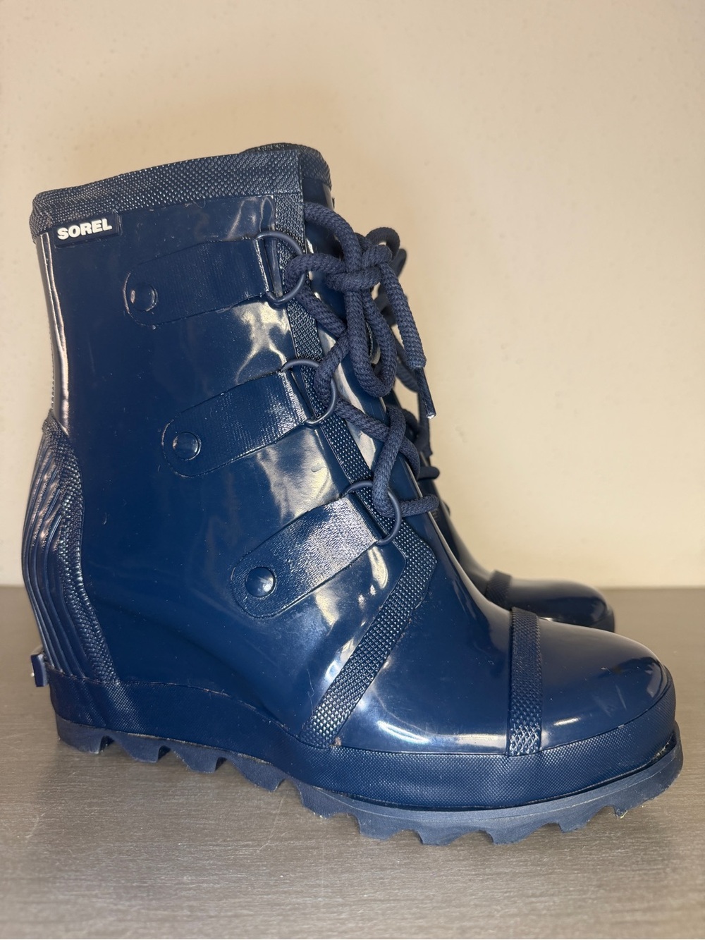 Sorel Joan of Arctic Wedge Rain Boots Blue Rubber Womens Size 8.5 EU 39.5
